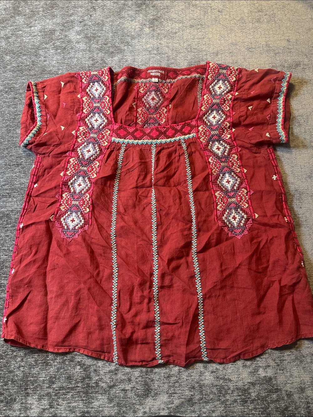 Johnny Was Deep Red Embroidered Peasant Top